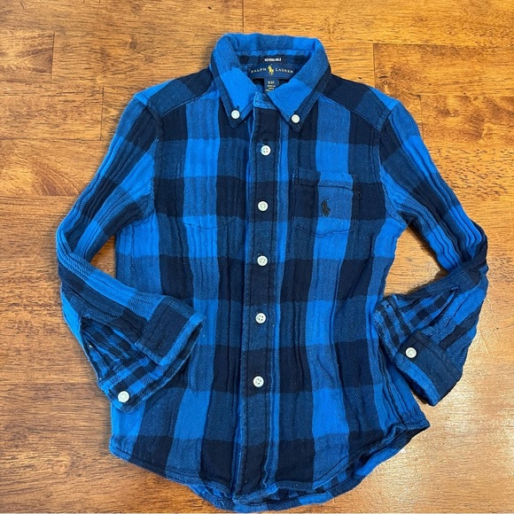 Boys Polo Ralph Lauren blue navy plaid reversible button down size 3/3T - Picture 1 of 6